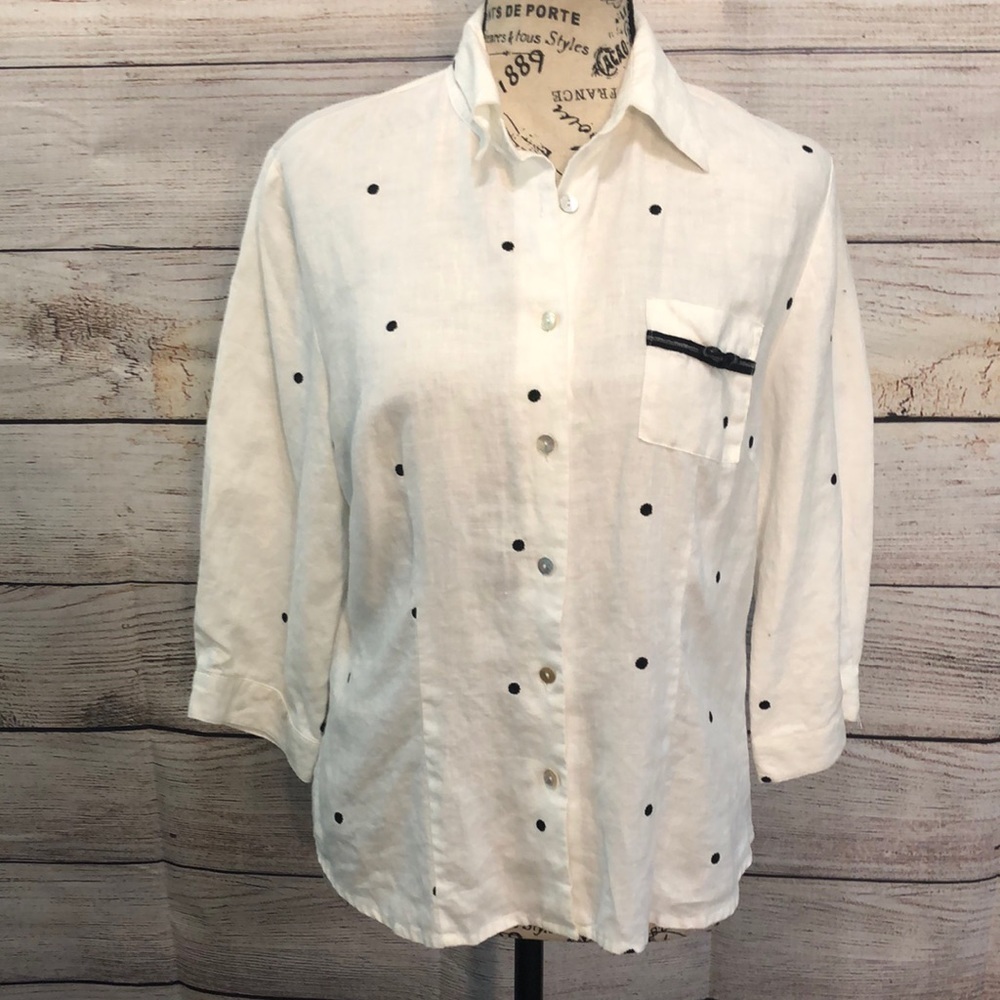 Edward Irish Linen Shirt Button Down Polka Dots Size Medium 3/4 Sleeves